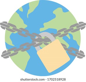 Vector 2D image of the world with a chain and lock - global lockdown due to Coronavirus