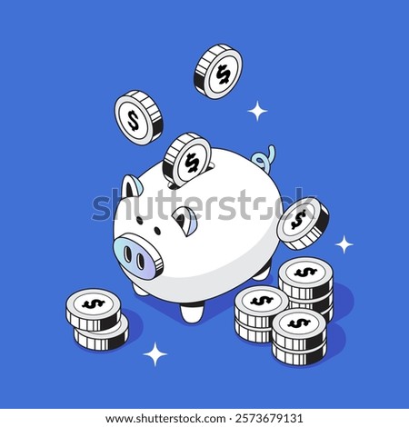 vector 2d isometric piggy bank saving and financial concept, coins illustration, icon and symbol set	