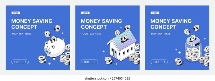 vector 2d isometric saving and financial concept, coins illustration, icon and symbol set, presentation template design