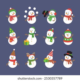 Conjunto de diseño de personajes de muñeco de nieve de Vector 2D, Navidades y concepto de año nuevo