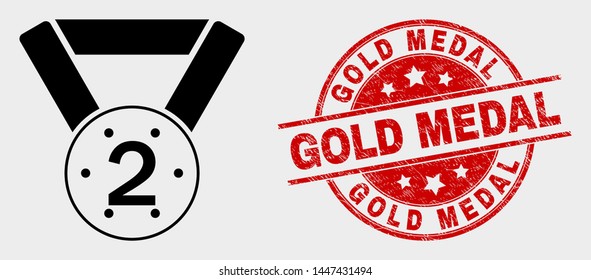 Vector 2nd place medal pictogram and Gold Medal watermark. Red round scratched watermark with Gold Medal text. Vector composition for 2nd place medal in flat style.