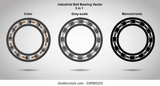  Vector. 3 en 1 cojinetes industriales: color con sombras, escala gris, monocromo. Doce bolas, jaula clásica con rivés. Fondo gris. Producción industrial