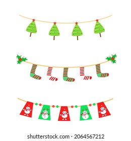 Vector - 3 bunting Christmas theme. Tree, sock and snowman. Can be use decorate for event, party. X'mas, New Year, Holiday concept.