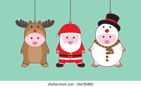 Vector 3 Cute Pigs in Reindeer, Santa Claus, Snowman costume Cartoon Sticker