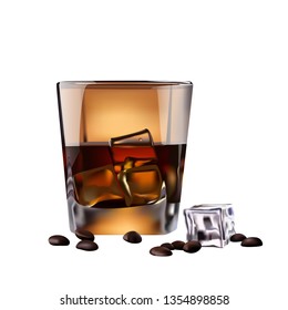 Vector 3 d realictic Glass of whiskey with ice . Coffee beans
