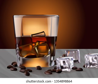 Vector 3 d realictic Glass of whiskey with ice . Coffee beans