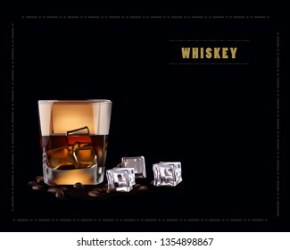 Vector 3 d realictic Glass of whiskey with cube ice . Coffee beans