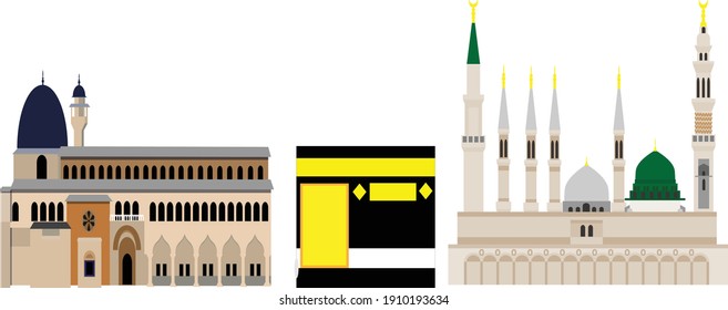 A vector of 3 holy mosque for Muslim that is Kaaba, Masjid Al-Aqsa and Nabawi.