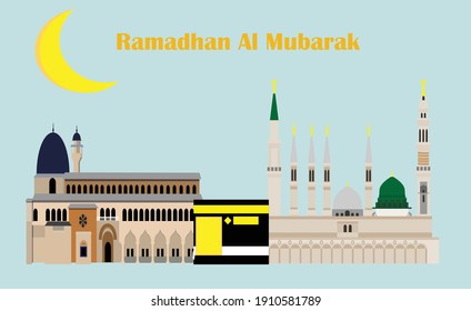 A vector of 3 holy mosque of muslim with Ramadhan Al Mubarak word. Its a blessing month for Muslim.