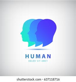 Vector 3 human heads, faces logo. Creative group, meeting, social icon
