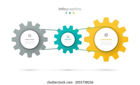 Vector 3 options infographic design elements with cogs and circles. Can be used for process chart, business information template, web design.