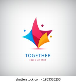 Vector 3 person logo, teamwork. Love, support, three people together icon, concept. Hug and embrace, close friends together, child adoption, support, parent, mother, father, together, group