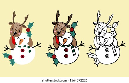 vector of 3 styles of reindeer and snowman the friends in Christmas costume and decoration illustration