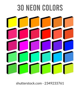 Vector of 30 neon pick up color palettes options in a parallelogram box shape, editable and isolated