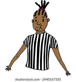 Vector 3000*3000 300dpi. A black man, dressed in a referee's uniform, officiates a sporting event with professionalism and authority. 