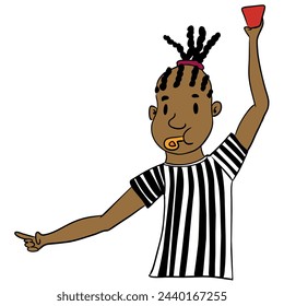 Vector 3000*3000 300dpi. A black man with red card, dressed in a referee's uniform, officiates a sporting event with professionalism and authority. 