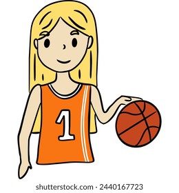 Vector 3000*3000 300dpi. A young girl in basketball attire holds a basketball, poised for action on a court. She exudes determination, surrounded by the energy of the game.