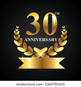Logotipo de celebración del 30 aniversario del vector Dorado escudo laurel corona y colección de insignias