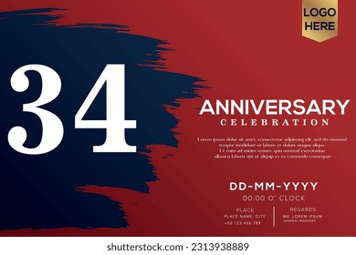 Vector 34 years anniversary with blue brush isolated on red background vector design
