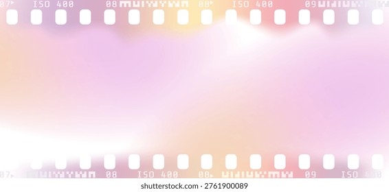Vector 35mm film frame with pink light leaks. Retro photographic border with soft pastel glow and realistic perforation for cinematic background and vintage design.