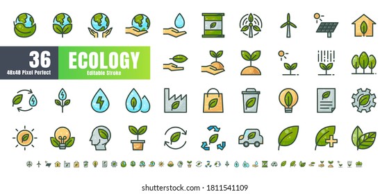 Vector of 36 Ecology. Filled Color Outline Icon Set. 48x48 and 192x192 Pixel Perfect Editable Stroke.