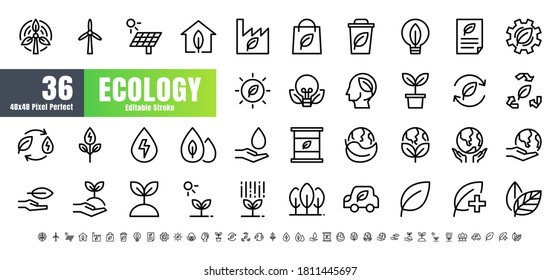 Vector Of 36 Ecology And Green Energy Power Line Outline Icon Set. 48x48 And 192x192 Pixel Perfect Editable Stroke.