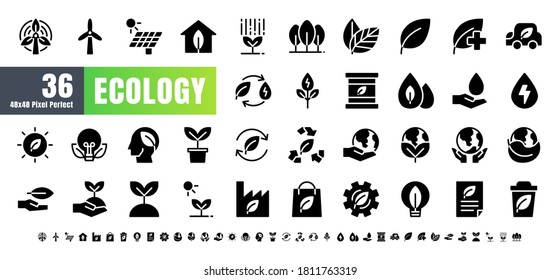 Vector of 36 Ecology and Green Energy Power Solid Glyph Icon Set. 48x48 and 192x192 Pixel Perfect.