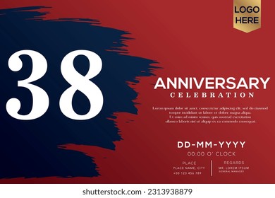Vector 38 años aniversario con cepillo azul aislado en el diseño de vectores de fondo rojo