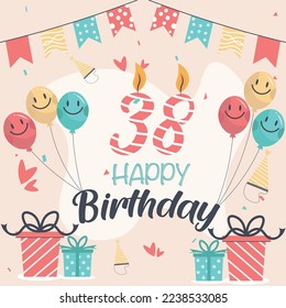 Vector 38th happy birthday vector design for greeting cards and poster with balloon and gift box design.
