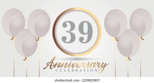 Vector 39th year anniversary celebration background. gray and gold color numbers and text with balloons.


