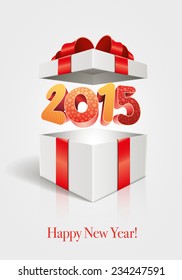 Vector 3D 2015 text in open gift box and Happy New Year message.  Elements are layered separately in vector file.