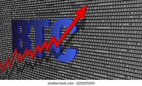 Abreviación vectorial 3D de BTC con una flecha volumétrica roja ascendente sobre un fondo negro con muchos números. Gráfica de aumento de precio de Bitcoin de criptodivisa.