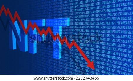 Vector 3d abbreviation NFT and a falling red arrow with a shadow on the background of a lot of numbers. Collapse of non fungible token