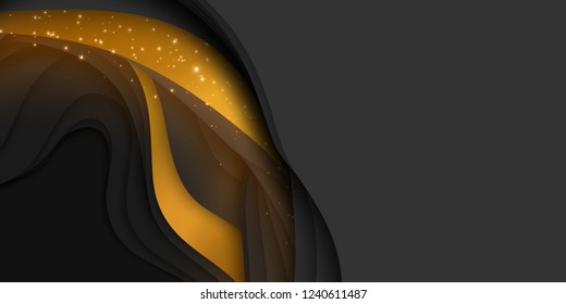 Vector 3D abstract background with paper cut shape. Colorful dark carving art with gold and sparkles. Paper craft Antelope canyon landscape. Minimalistic design for business presentations, flyers
