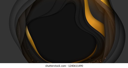 Vector 3D abstract background with paper cut shape. Colorful dark carving art with gold and sparkles. Paper craft Antelope canyon landscape. Minimalistic design for business presentations, flyers