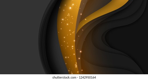 Vector 3D abstract background with paper cut shape. Colorful dark carving art with gold and sparkles. Paper craft Antelope canyon landscape. Minimalistic design for business presentations, flyers
