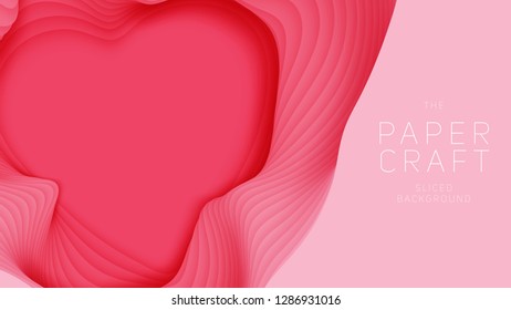 Vector 3D abstract background with pink paper cut heart shape. Light red carving art. Paper craft heart for Valentine's Day. Minimalistic design for love cards, posters etc