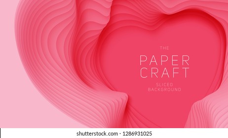 Vector 3D abstract background with pink paper cut heart shape. Light red carving art. Paper craft heart for Valentine's Day. Minimalistic design for love cards, posters etc