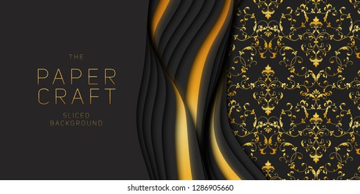 Vector 3D abstract dark background with paper cut and golden damask pattern. Luxury carving art.  