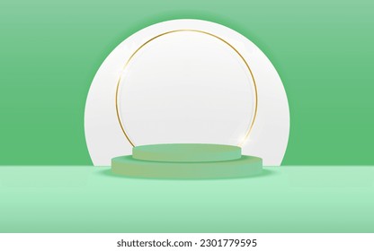 vector 3d Abstract Green podium display on white circle in yellow background 