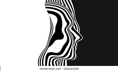 Vector 3D abstract human head made of black and white stripes. Monochrome ripple surface illustration. Head profile sliced. Minimalistic design layout for business presentations, flyers, posters.