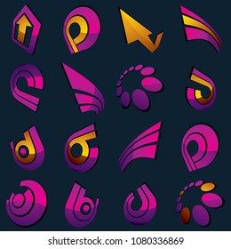 Vector 3d abstract icons set, simple corporate graphic design elements. Purple marketing symbols set isolated on white background.