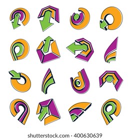 Vector 3d abstract icons set, simple corporate graphic design elements. Colorful marketing symbols set isolated on white background.