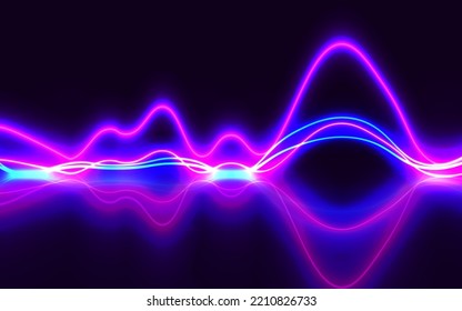 Vector 3D abstract panoramic background, neon light, laser show, impulse, equalizer chart, ultraviolet spectrum, pulse power lines.