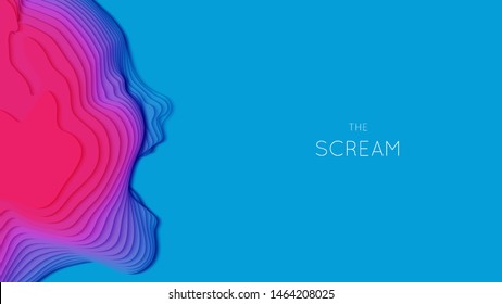 Vector 3D abstract paper cut human head screaming. Colorful carving art. Paper craft head profile with open mouth. Minimalistic design layout for business presentations, flyers, posters.