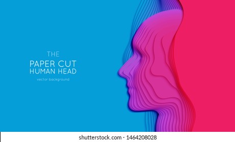 Vector 3D abstract paper cut human head. Colorful carving art. Paper craft head profile with gradient fade colors. Minimalistic design layout for business presentations, flyers, posters.