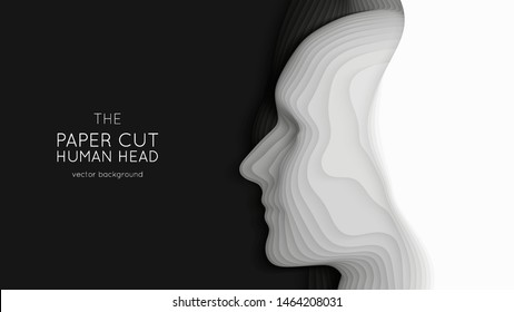 Vector 3D abstract paper cut human head. Monochrome carving art. Paper craft head profile with gradient fade. Minimalistic design layout for business presentations, flyers, posters.