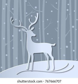 Vector 3d abstract paper cut illustration of deer in forest. Merry Christmas Greeting card. Origami winter season. Happy New Year. Birch trunk. Paper art style. Pastel background. Vector
