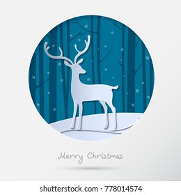 Vector 3d abstract paper cut illustration of deer in forest. Merry Christmas Greeting card. Origami winter season. Happy New Year. Paper art style. Colored background. Vector