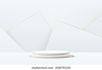 Vector 3D Abstract Studio Room With Pedestal Podium. White And Gold Geometric Platform With Triangle Shape Overlap Backdrop. Luxury Scene For Demonstration Of Cosmetic Products. Showcase, Display Case